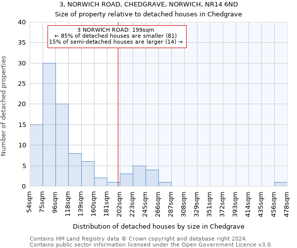 3, NORWICH ROAD, CHEDGRAVE, NORWICH, NR14 6ND: Size of property relative to detached houses in Chedgrave