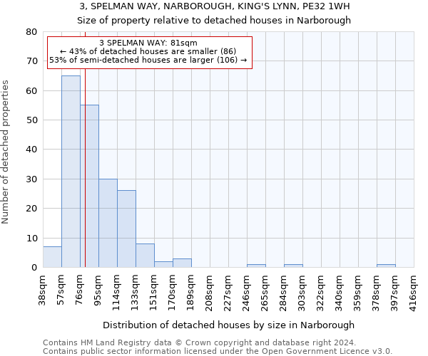 3, SPELMAN WAY, NARBOROUGH, KING'S LYNN, PE32 1WH: Size of property relative to detached houses in Narborough