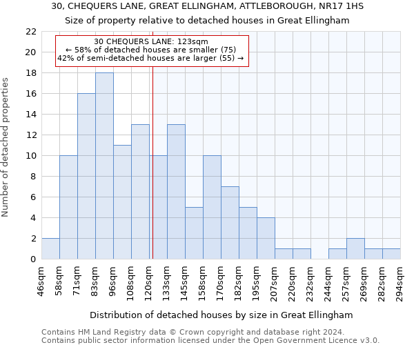 30, CHEQUERS LANE, GREAT ELLINGHAM, ATTLEBOROUGH, NR17 1HS: Size of property relative to detached houses in Great Ellingham