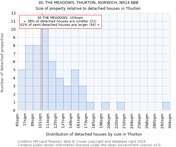 30, THE MEADOWS, THURTON, NORWICH, NR14 6BB: Size of property relative to detached houses in Thurton