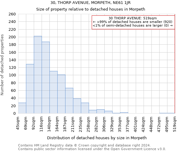 30, THORP AVENUE, MORPETH, NE61 1JR: Size of property relative to detached houses in Morpeth