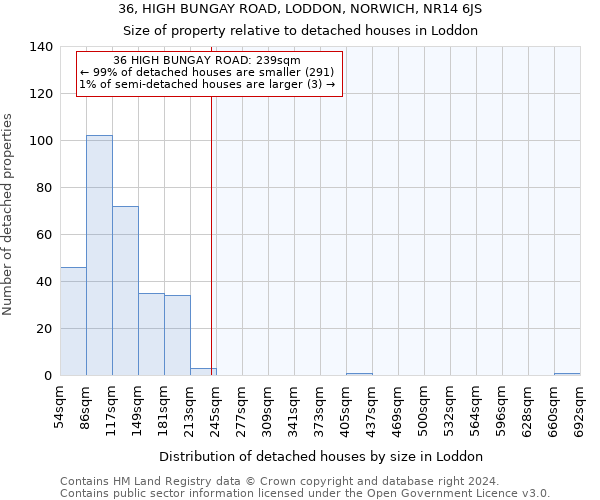 36, HIGH BUNGAY ROAD, LODDON, NORWICH, NR14 6JS: Size of property relative to detached houses in Loddon