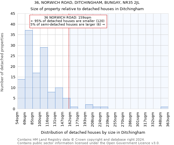 36, NORWICH ROAD, DITCHINGHAM, BUNGAY, NR35 2JL: Size of property relative to detached houses in Ditchingham