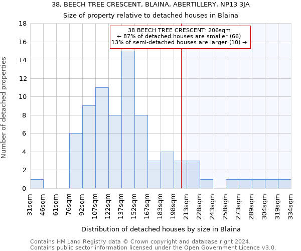 38, BEECH TREE CRESCENT, BLAINA, ABERTILLERY, NP13 3JA: Size of property relative to detached houses in Blaina