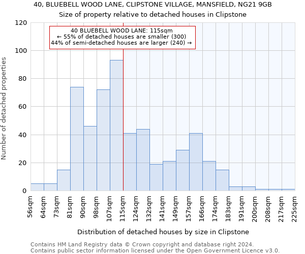 40, BLUEBELL WOOD LANE, CLIPSTONE VILLAGE, MANSFIELD, NG21 9GB: Size of property relative to detached houses in Clipstone