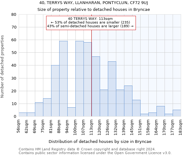 40, TERRYS WAY, LLANHARAN, PONTYCLUN, CF72 9UJ: Size of property relative to detached houses in Bryncae