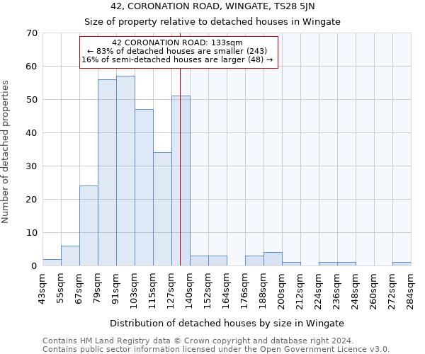 42, CORONATION ROAD, WINGATE, TS28 5JN: Size of property relative to detached houses in Wingate