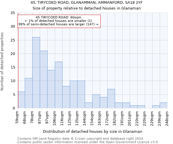 45, TIRYCOED ROAD, GLANAMMAN, AMMANFORD, SA18 2YF: Size of property relative to detached houses in Glanaman