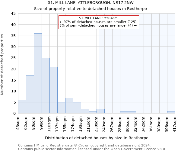 51, MILL LANE, ATTLEBOROUGH, NR17 2NW: Size of property relative to detached houses in Besthorpe