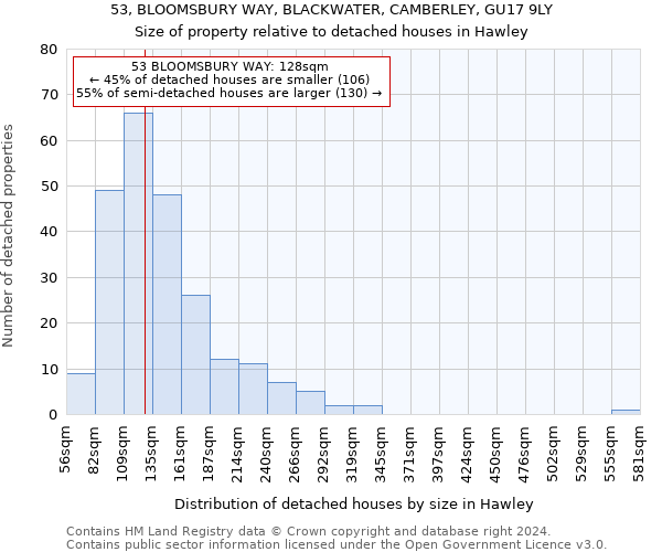 53, BLOOMSBURY WAY, BLACKWATER, CAMBERLEY, GU17 9LY: Size of property relative to detached houses in Hawley