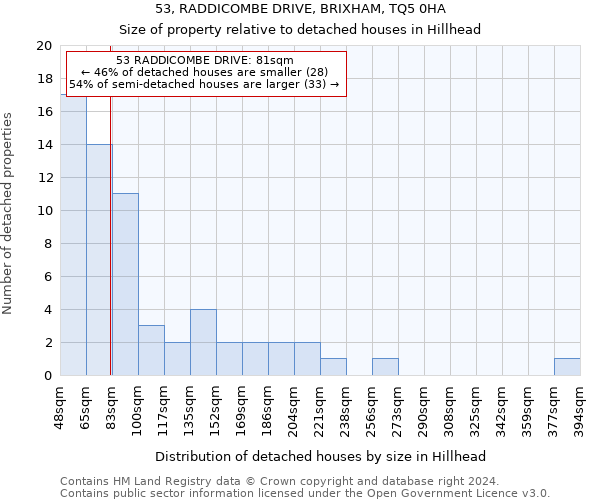 53, RADDICOMBE DRIVE, BRIXHAM, TQ5 0HA: Size of property relative to detached houses in Hillhead