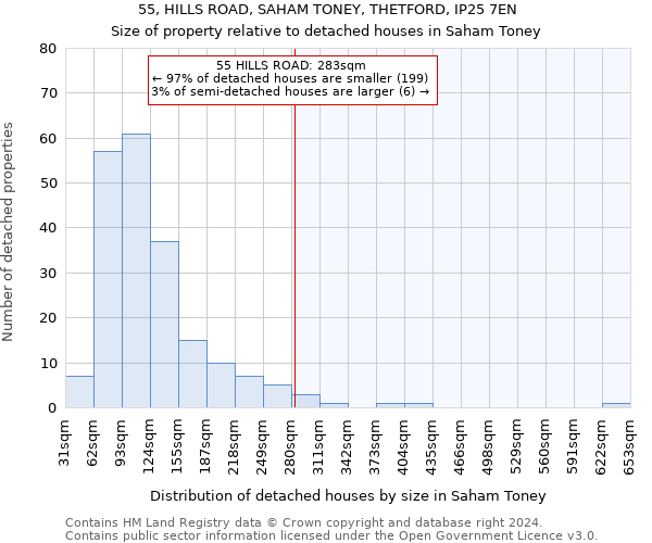 55, HILLS ROAD, SAHAM TONEY, THETFORD, IP25 7EN: Size of property relative to detached houses in Saham Toney