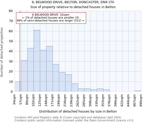 6, BELWOOD DRIVE, BELTON, DONCASTER, DN9 1TA: Size of property relative to detached houses in Belton