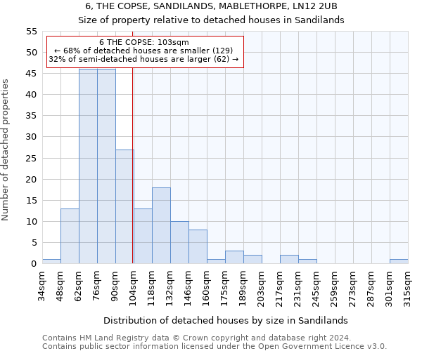 6, THE COPSE, SANDILANDS, MABLETHORPE, LN12 2UB: Size of property relative to detached houses in Sandilands