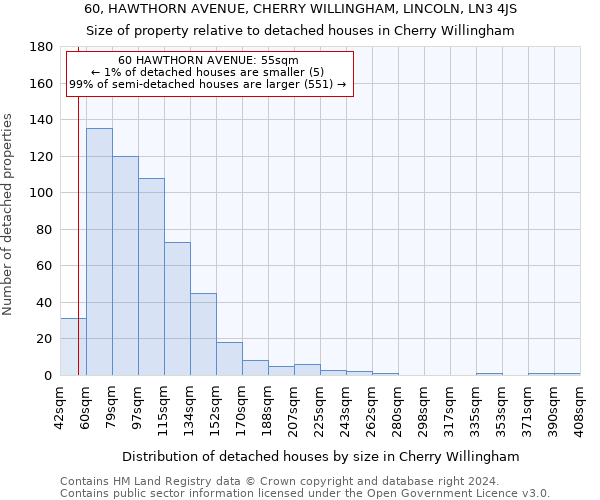 60, HAWTHORN AVENUE, CHERRY WILLINGHAM, LINCOLN, LN3 4JS: Size of property relative to detached houses in Cherry Willingham