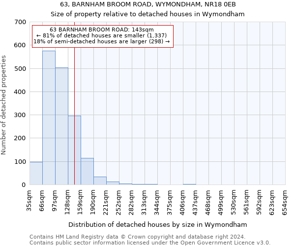 63, BARNHAM BROOM ROAD, WYMONDHAM, NR18 0EB: Size of property relative to detached houses in Wymondham