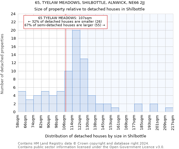 65, TYELAW MEADOWS, SHILBOTTLE, ALNWICK, NE66 2JJ: Size of property relative to detached houses in Shilbottle