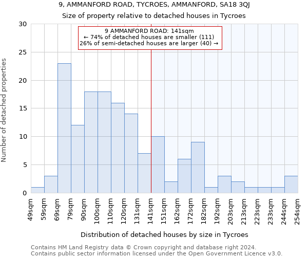 9, AMMANFORD ROAD, TYCROES, AMMANFORD, SA18 3QJ: Size of property relative to detached houses in Tycroes