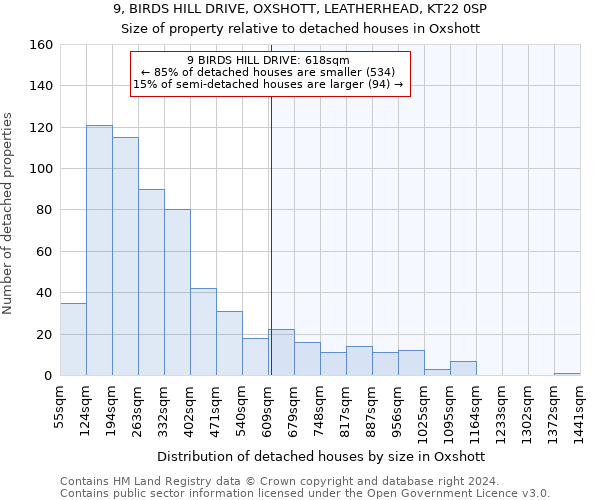 9, BIRDS HILL DRIVE, OXSHOTT, LEATHERHEAD, KT22 0SP: Size of property relative to detached houses in Oxshott