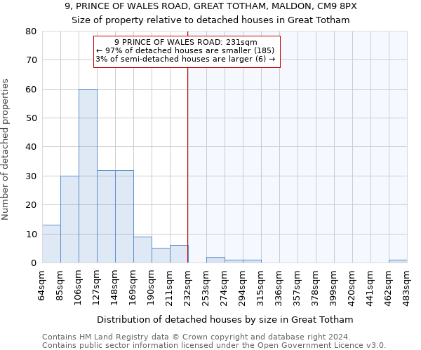 9, PRINCE OF WALES ROAD, GREAT TOTHAM, MALDON, CM9 8PX: Size of property relative to detached houses in Great Totham