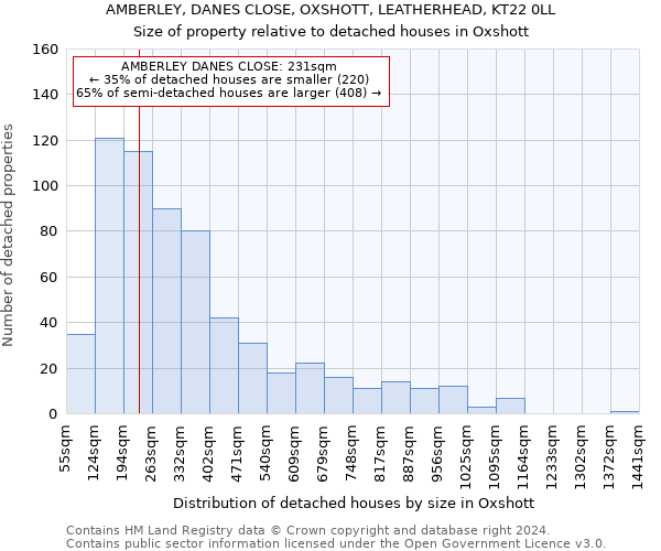 AMBERLEY, DANES CLOSE, OXSHOTT, LEATHERHEAD, KT22 0LL: Size of property relative to detached houses in Oxshott