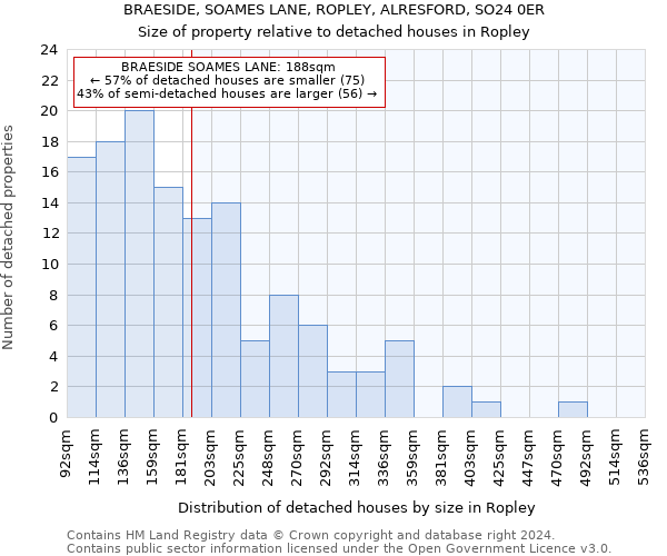 BRAESIDE, SOAMES LANE, ROPLEY, ALRESFORD, SO24 0ER: Size of property relative to detached houses in Ropley