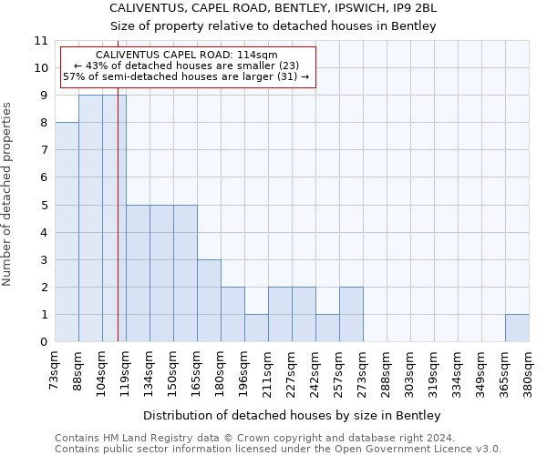 CALIVENTUS, CAPEL ROAD, BENTLEY, IPSWICH, IP9 2BL: Size of property relative to detached houses in Bentley