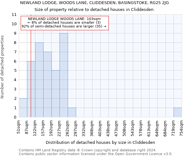 NEWLAND LODGE, WOODS LANE, CLIDDESDEN, BASINGSTOKE, RG25 2JG: Size of property relative to detached houses in Cliddesden