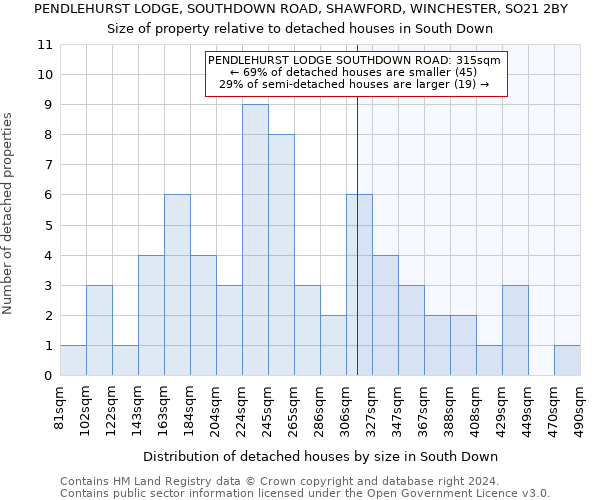 PENDLEHURST LODGE, SOUTHDOWN ROAD, SHAWFORD, WINCHESTER, SO21 2BY: Size of property relative to detached houses in South Down