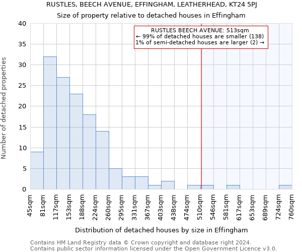 RUSTLES, BEECH AVENUE, EFFINGHAM, LEATHERHEAD, KT24 5PJ: Size of property relative to detached houses in Effingham