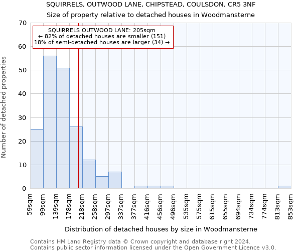 SQUIRRELS, OUTWOOD LANE, CHIPSTEAD, COULSDON, CR5 3NF: Size of property relative to detached houses in Woodmansterne