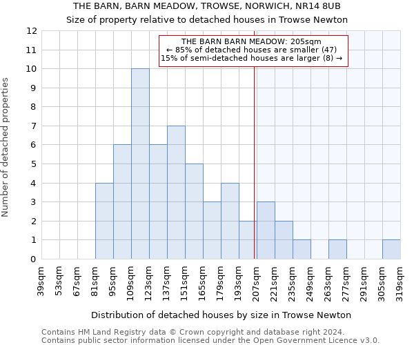 THE BARN, BARN MEADOW, TROWSE, NORWICH, NR14 8UB: Size of property relative to detached houses in Trowse Newton