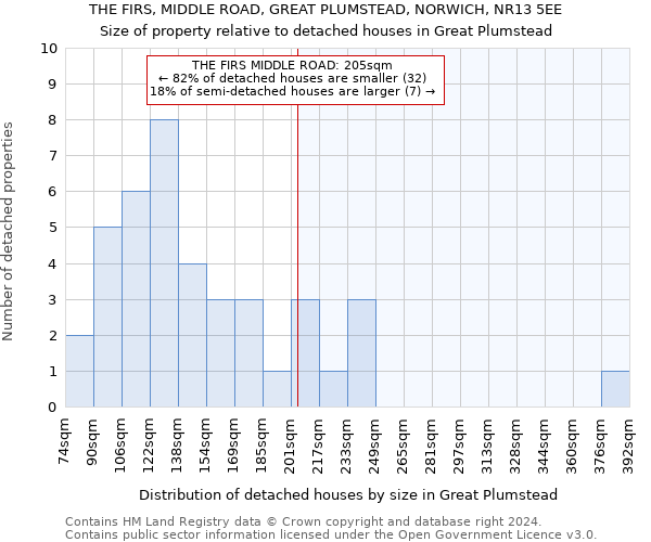 THE FIRS, MIDDLE ROAD, GREAT PLUMSTEAD, NORWICH, NR13 5EE: Size of property relative to detached houses in Great Plumstead