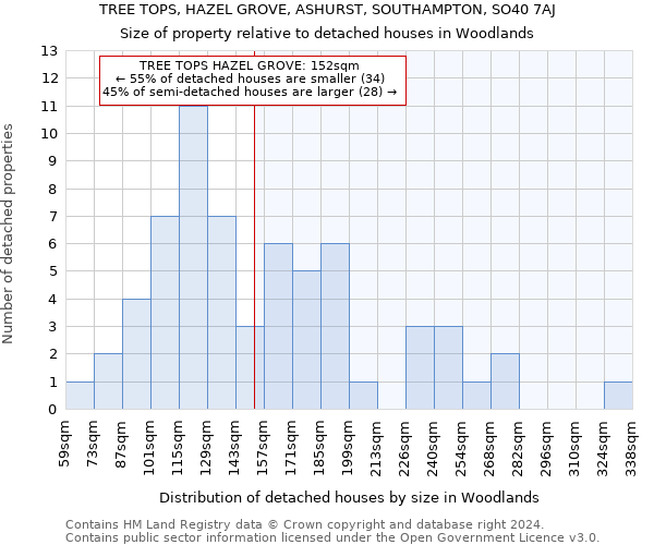 TREE TOPS, HAZEL GROVE, ASHURST, SOUTHAMPTON, SO40 7AJ: Size of property relative to detached houses in Woodlands