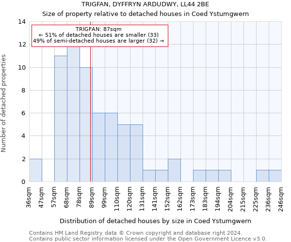 TRIGFAN, DYFFRYN ARDUDWY, LL44 2BE: Size of property relative to detached houses in Coed Ystumgwern