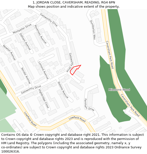 1, JORDAN CLOSE, CAVERSHAM, READING, RG4 6PN: Location map and indicative extent of plot