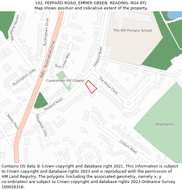 102, PEPPARD ROAD, EMMER GREEN, READING, RG4 8TL: Location map and indicative extent of plot