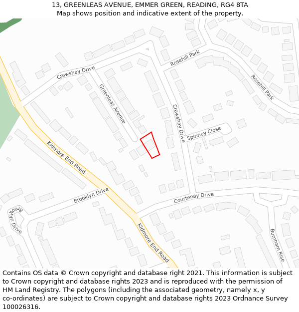 13, GREENLEAS AVENUE, EMMER GREEN, READING, RG4 8TA: Location map and indicative extent of plot