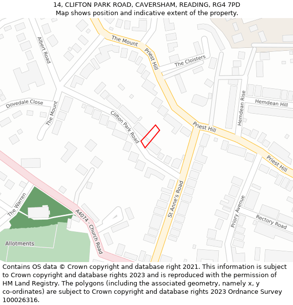 14, CLIFTON PARK ROAD, CAVERSHAM, READING, RG4 7PD: Location map and indicative extent of plot