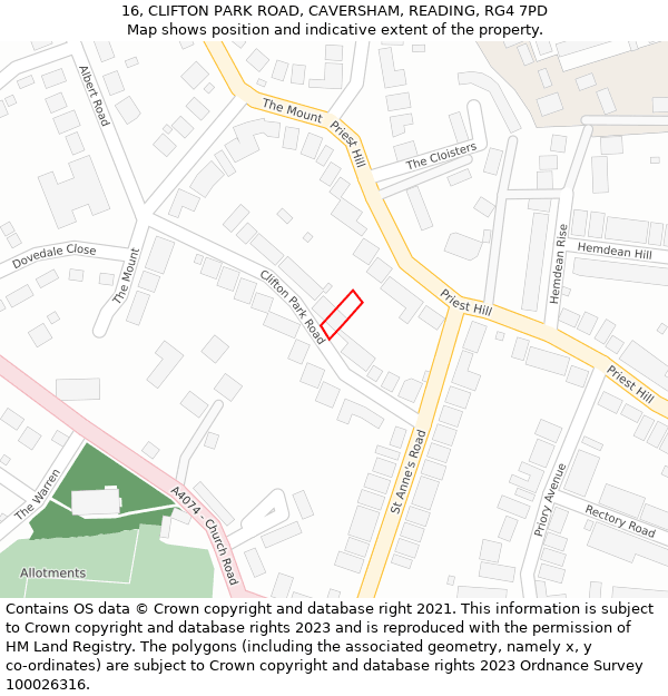16, CLIFTON PARK ROAD, CAVERSHAM, READING, RG4 7PD: Location map and indicative extent of plot