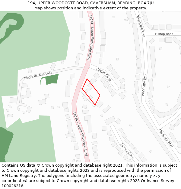 194, UPPER WOODCOTE ROAD, CAVERSHAM, READING, RG4 7JU: Location map and indicative extent of plot