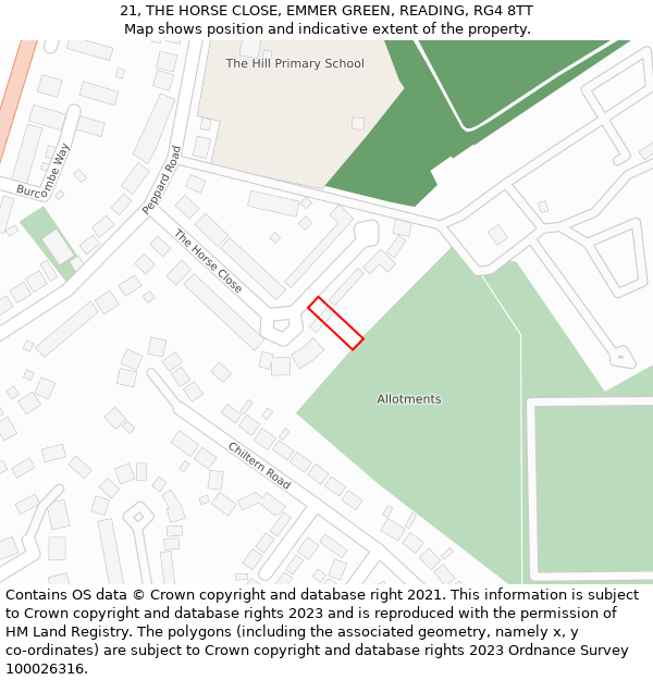 21, THE HORSE CLOSE, EMMER GREEN, READING, RG4 8TT: Location map and indicative extent of plot