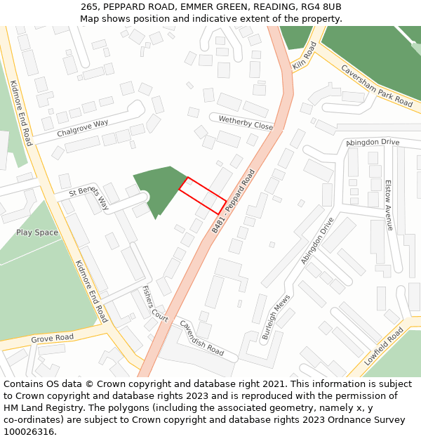 265, PEPPARD ROAD, EMMER GREEN, READING, RG4 8UB: Location map and indicative extent of plot