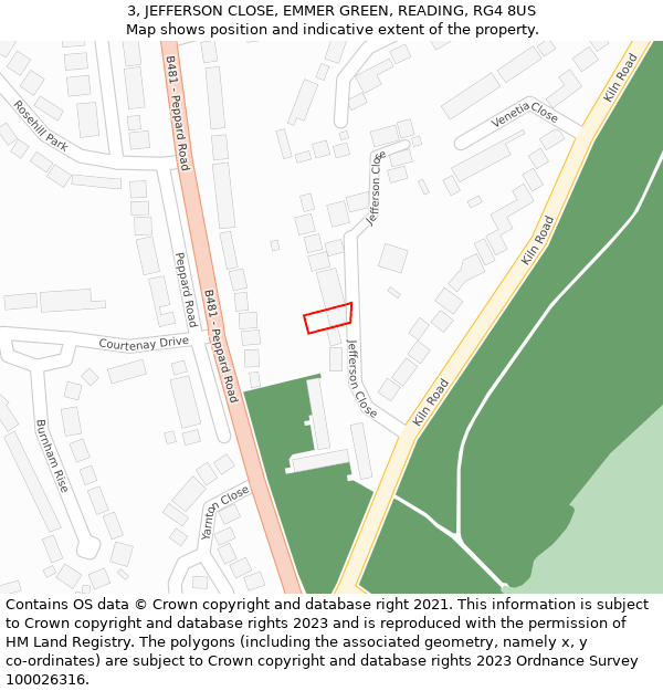 3, JEFFERSON CLOSE, EMMER GREEN, READING, RG4 8US: Location map and indicative extent of plot
