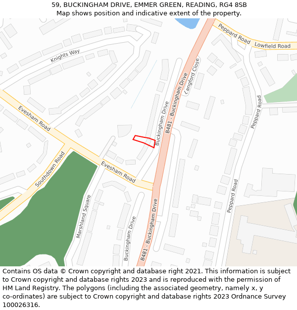 59, BUCKINGHAM DRIVE, EMMER GREEN, READING, RG4 8SB: Location map and indicative extent of plot
