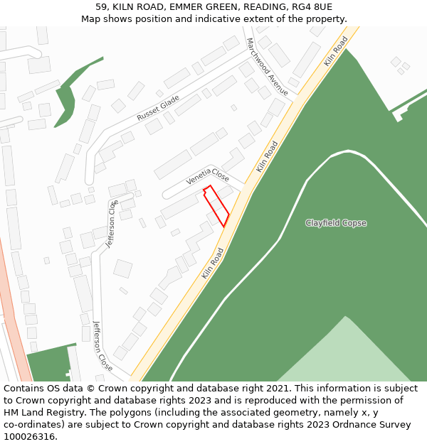 59, KILN ROAD, EMMER GREEN, READING, RG4 8UE: Location map and indicative extent of plot