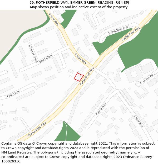69, ROTHERFIELD WAY, EMMER GREEN, READING, RG4 8PJ: Location map and indicative extent of plot