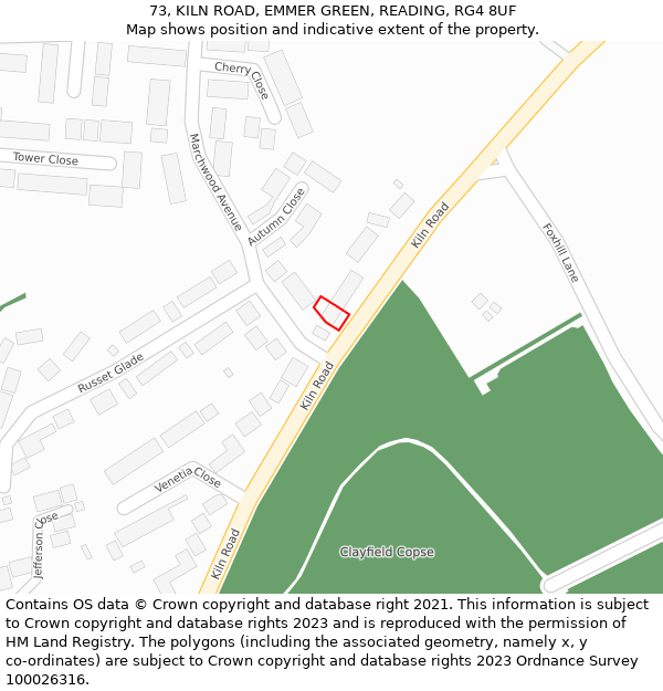 73, KILN ROAD, EMMER GREEN, READING, RG4 8UF: Location map and indicative extent of plot