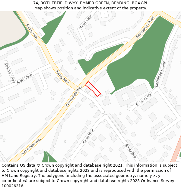 74, ROTHERFIELD WAY, EMMER GREEN, READING, RG4 8PL: Location map and indicative extent of plot