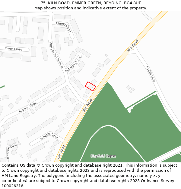 75, KILN ROAD, EMMER GREEN, READING, RG4 8UF: Location map and indicative extent of plot
